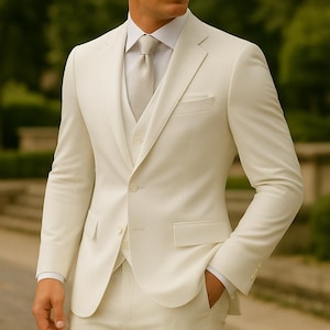 White Three-Piece Suit for Men | Tailored Groom Suit | Elegant Wedding & Formal Attire | Groomsmen Tuxedo Set