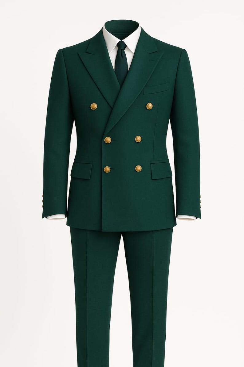 May include: A dark green double-breasted suit with gold buttons, a white dress shirt, and a matching green tie. The suit includes a jacket with two rows of buttons and a pair of matching trousers. The suit is a classic formal wear.