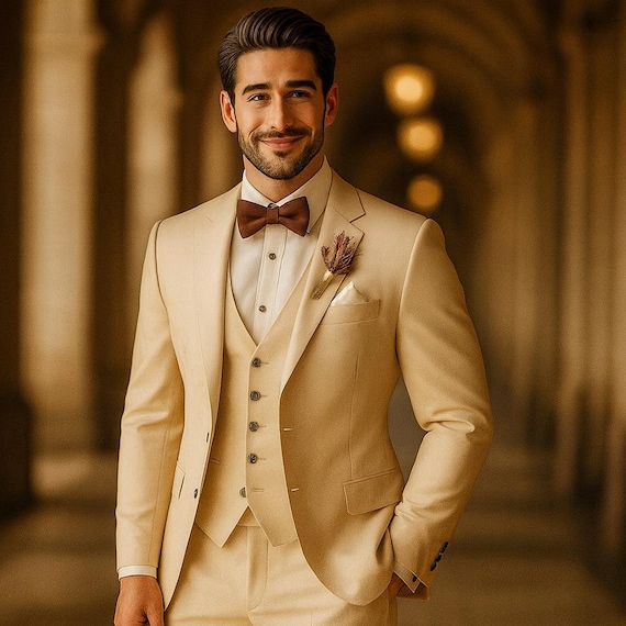 Custom Made Champagne Beige Men's Suit - Luxury Wedding Tuxedo Groom Outfit