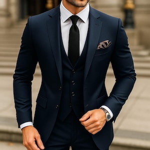 Men's Navy Blue 3 Piece Suit | Classic Formal Business Suit | Prom & Party Wear Blazer | Slim Fit Wedding Suit | Bespoke Suit for Men