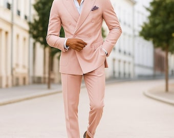 Custom Peach Double-Breasted Suit, Slim Fit Wedding Attire groom outfit