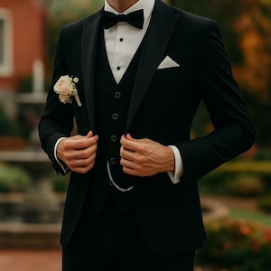 Men&#39;s Black 3-Piece Suit | Wedding Tuxedo | Groom Formal Wear | Party Outfit | Luxury Bespoke Suit | Casual Fit Gift for Him