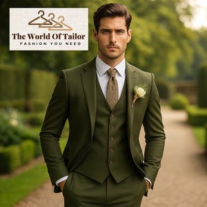 Khaki Green Three Piece Men’s Suit – Slim Fit Formal Suit for Wedding, Party, Prom, Groomsmen, Tailored Blazer Waistcoat and Pants