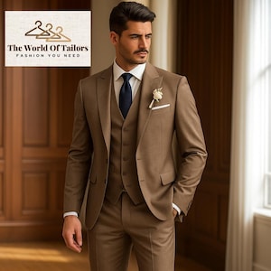 Men&#39;s Light Brown 3-Piece Suit Three Piece Suit Tailored Wedding Suit for Groom & Groomsmen – Formal Slim Fit Tuxedo – Elegant Gift for Him