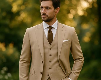 メンズ ベージュ 3ピーススーツ – スリムフィット 結婚式・ビジネス メンズ ベージュ 3ピーススーツ – スリムフィット 結婚式・ビジネス