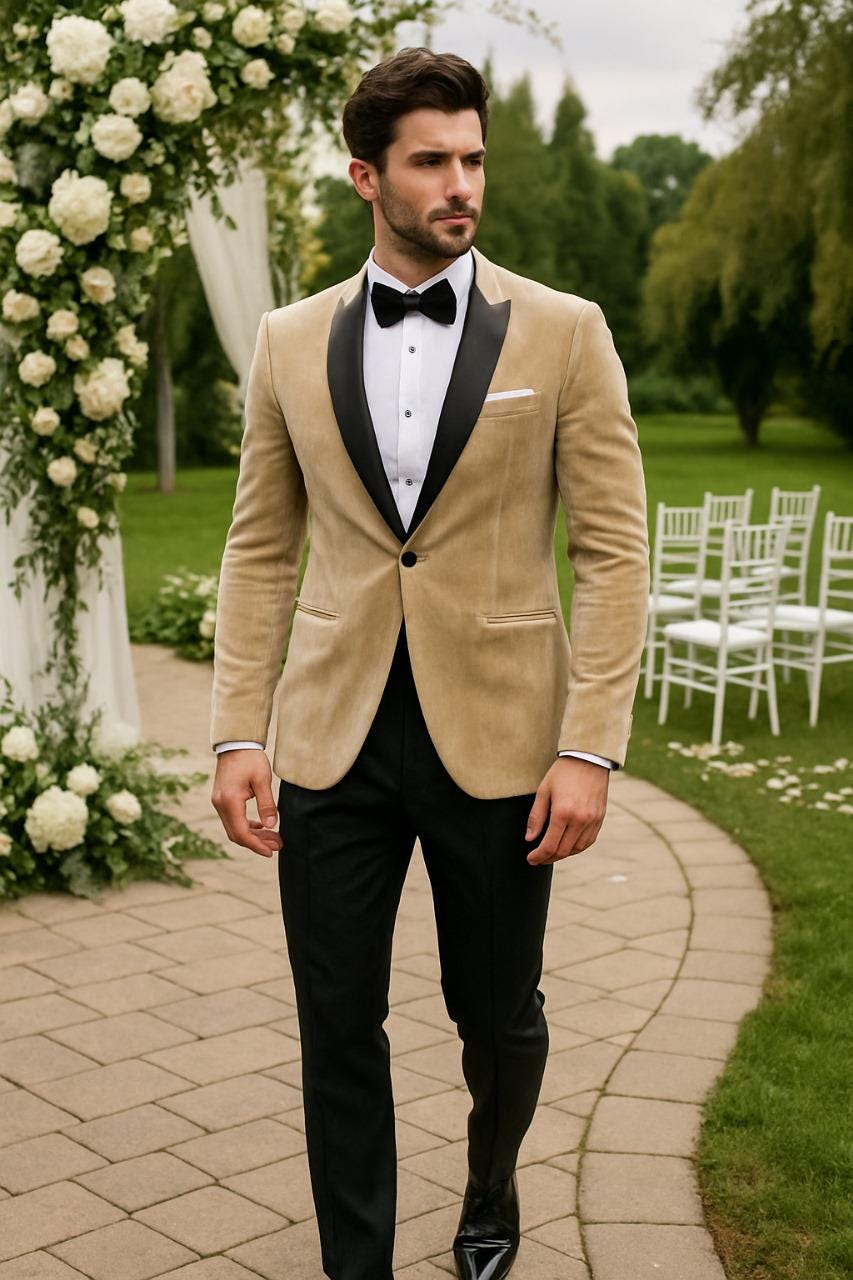 Men's Beige Velvet Blazer - Slim Fit, Custom Tailored Formal Wear groom outfit