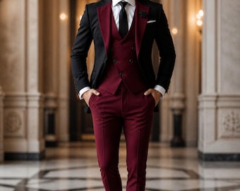 Costume veste noire et pantalon gilet bordeaux pour homme • Costume de marié 3 pièces coupe slim • Costume formel de bal de promo pour homme • Tenue business • Tailleur personnalisé