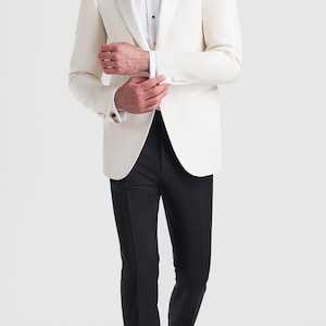 2 Piece Ivory Tuxedo for Men – Two Piece Suit White Dinner Jacket with Black Pants, Groom Tux, Formal Wear, Wedding Tuxedo, Satin Lapel Suit