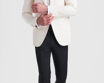 Custom Ivory Dinner Tuxedo: Satin Lapel, Black Pants - Formal Menswear groom outfit