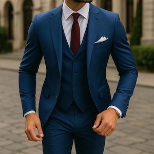 Men&#39;s Stylish Blue 3 Piece Suit – Formal Tailored Gentleman Suit | Wedding, Prom | Business Wear