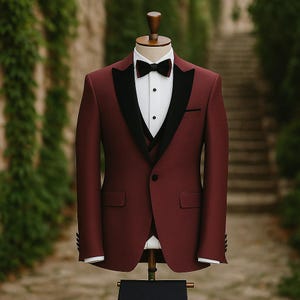 Men’s Burgundy Black 3-Piece Slim Fit Suit – Wedding Groom Suit | Formal Prom Tuxedo | Custom Elegant Suit for Him