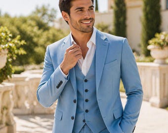 Traje de tres piezas azul cielo para hombre • Traje de novio de corte ajustado para boda • Traje formal de graduación para hombre • Traje de lujo de poliviscosa hecho a medida