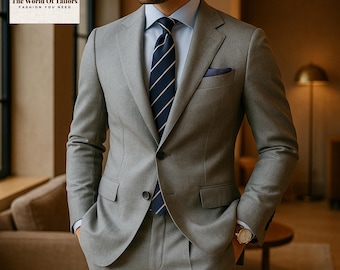 Traje de lino gris claro personalizado: traje de novio de corte moderno para boda.