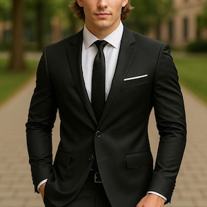 Men&#39;s Black Suit for Wedding, Business & Prom – Lightweight 2-Piece Summer Suit – Single-Breasted Formal Beachwear