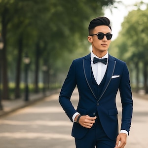 Men's Navy Blue 3-Piece Designer Tuxedo | Slim Fit Wedding Suit | Groom Formal Wear | Elegant Bespoke Suit | Stylish Suit for Men