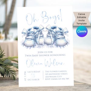 Twin Boys Baby Shower Invite | Twin baby Shower | Pastel Blue Baby Shower Template | Editable Canva Design | Printable Digital Download