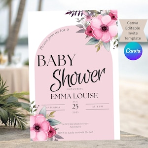 Pink Floral Baby Shower Invitation Template: Elegant Canva Design (Digital Download, 5x7in