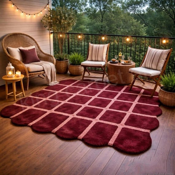 Scalloped Checkered Rug, Burgundy Red Handmade Area Rug, Modern Grid Living Room Patio Carpet