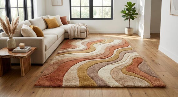 Hand-Tufted Abstract Wavy Rug - Colorful Retro Boho Floor Covering - Living Room Bedroom Nursery Rug - Wool Mid-Century Modern Rug
