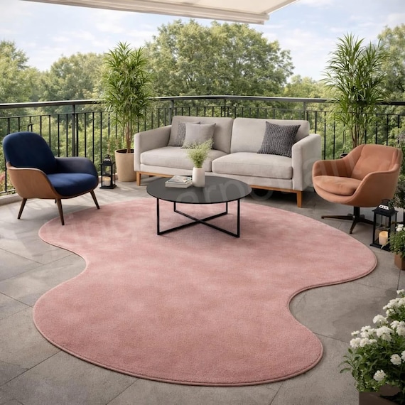 Pink Abstract Wavy Rug, Irregular Modern Tufted Carpet, Minimalist Living Room Statement