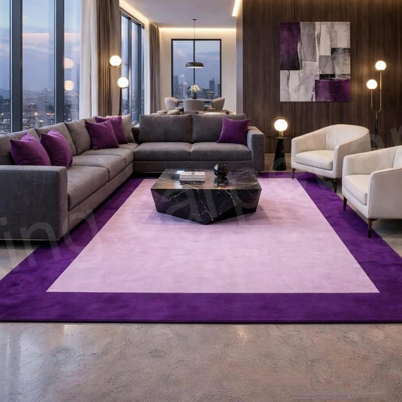 9x12 Purple Area Rug, Modern Minimalist Border Carpet, Contemporary Handmade Home Decor