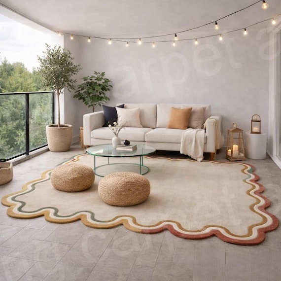 Handmade Tufted Beige Area Rug, Scalloped Wavy Border