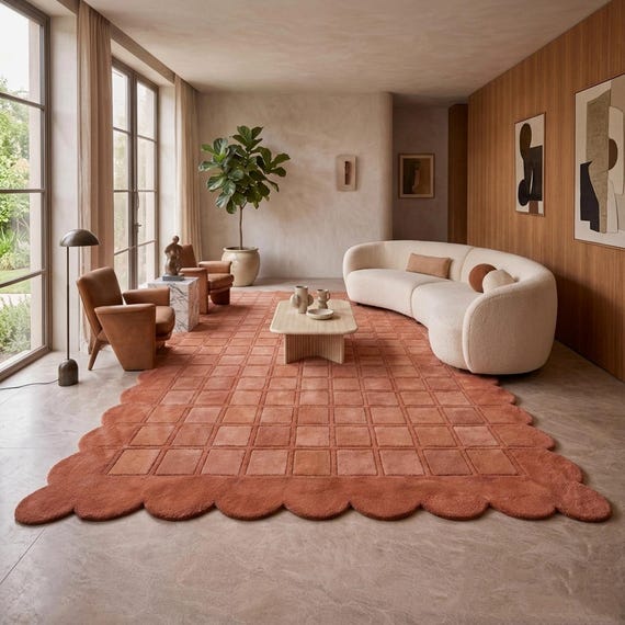 Hand Tufted Scalloped Terracotta Checkered Rug, Modern Grid Carpet