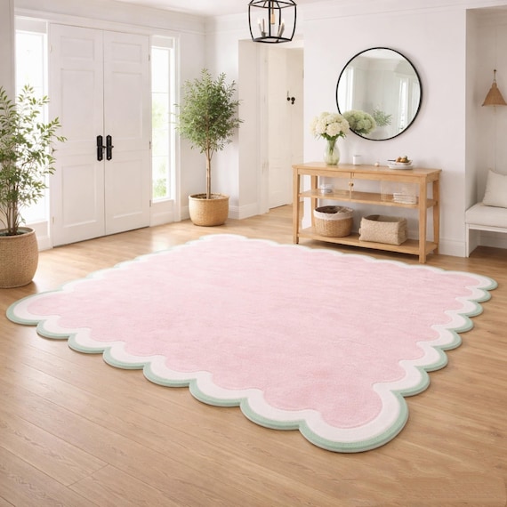 Hand Tufted Pastel Pink Scalloped Area Rug, Modern Minimalist Nursery Home Décor