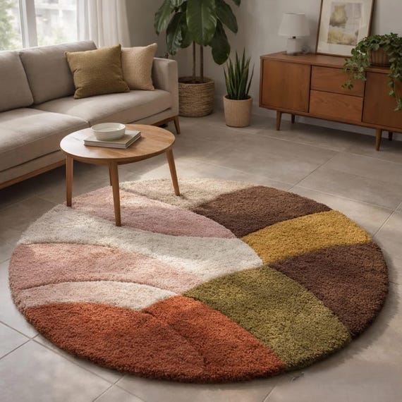 Hand Tufted Round Wool Rug, Modern Color Block Carpet
