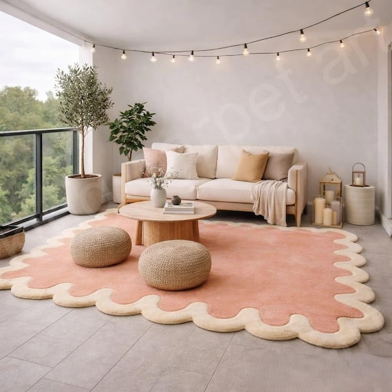 Pink Scalloped Area Rug, Pastel Irregular Handmade Tufted Living Room Statement Rug