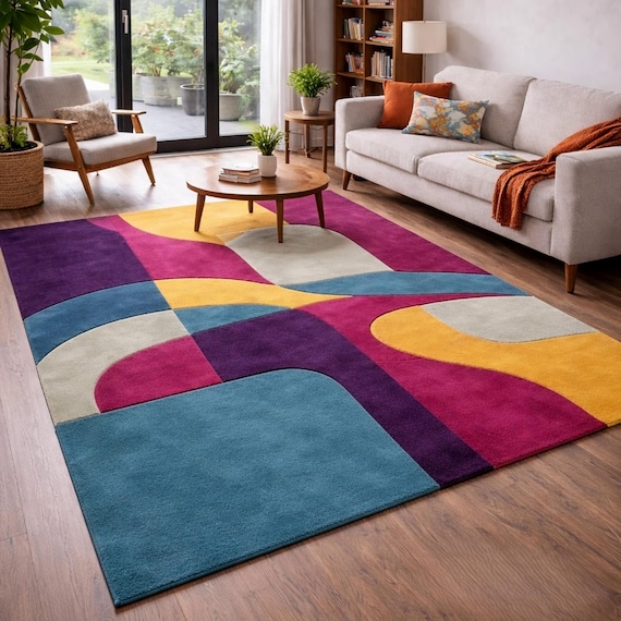 Hand Tufted Abstract Geometric Rug, Multicolor Statement Area Carpet