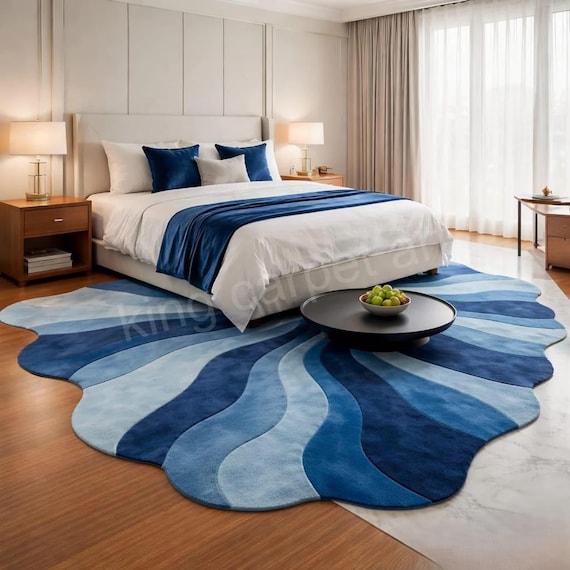 Blue Abstract Wavy Rug, Handmade Tufted Statement Area Rug