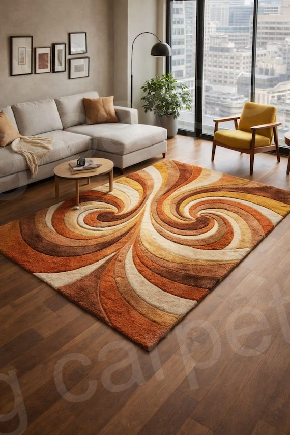 Modern Abstract Swirl Area Rug – Brown Beige Orange Contemporary Carpet