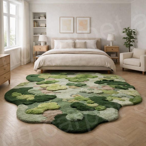 Handmade Moss Tufted Rug, Organic Shape Botanical Area Carpet