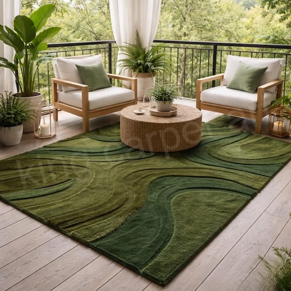 Green Topographical Wave Rug – Hand-Carved Textured Abstract Carpet