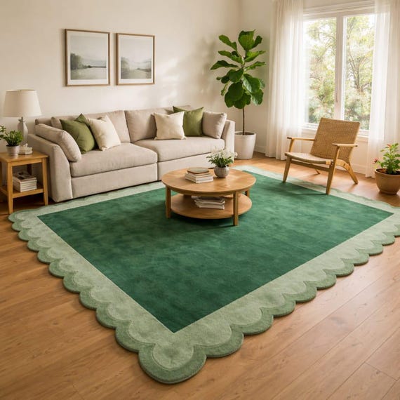 Handmade Green Scalloped Edge Tufted Rug, Modern Minimalist Area Rug