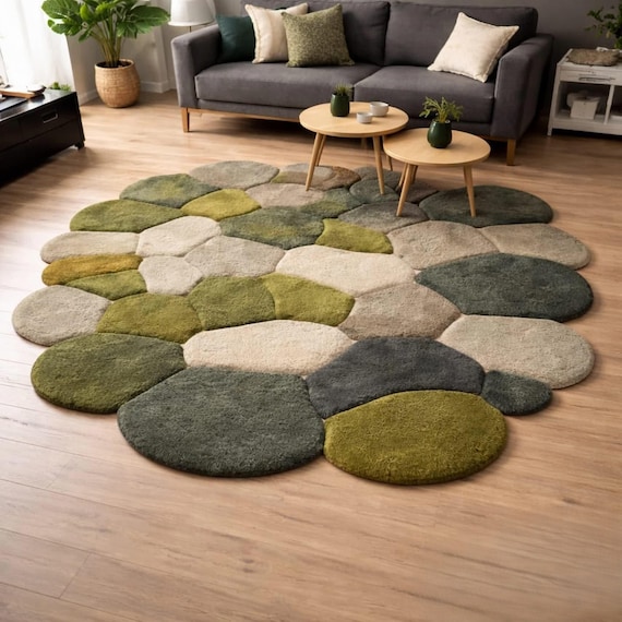 Hand Tufted Wool Moss Rug, Green Pebble Area Rug, Scandinavian Style