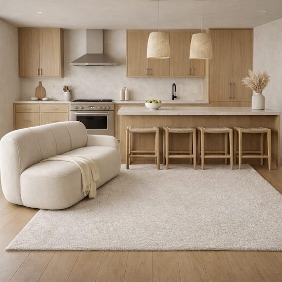 Cream Beige Plush Area Rug – Minimalist Modern Living Room Carpet – Scandinavian Home Decor