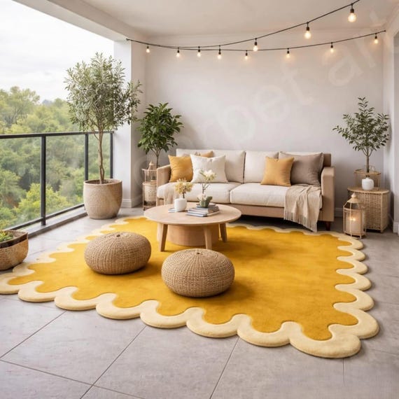 Hand-Tufted Mustard Yellow Scalloped Rug | Modern Nordic Carpet