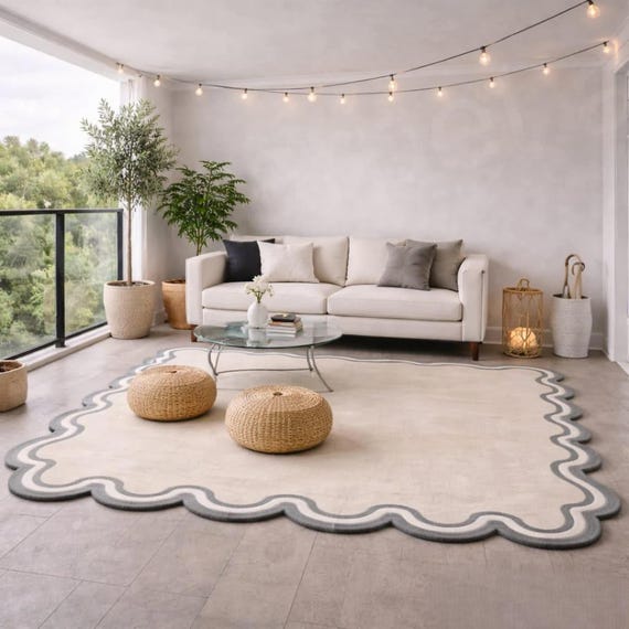 Handmade Scalloped Beige Area Rug | Modern Minimalist Decor