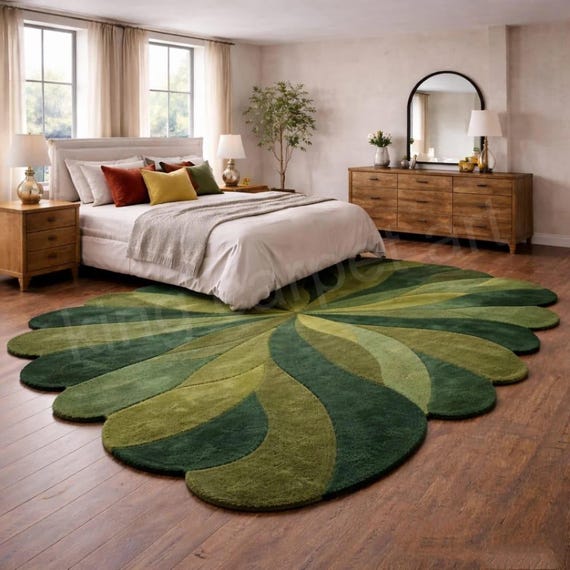 Layered Green Leaf Rug, Botanical Scalloped Tufted Statement Rug moss irregular rug for living room