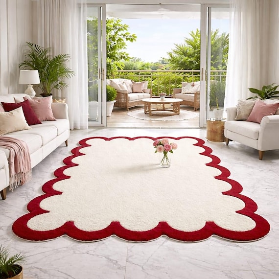Hand-Tufted Scalloped Edge Rug, Cream Red Statement Floor Decor