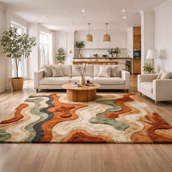 10x14 Tufted Rug, Handmade Abstract Wavy Carpet, Boho Living Room Floor Mat