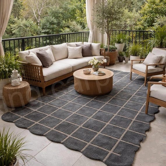 Hand Tufted Checkered Rug, Dark Grey Scalloped Edge Carpet, Modern Grid Area Rug