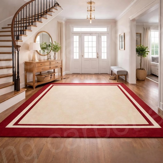 Handmade Cream & Red Border Rug, Modern Minimalist Style