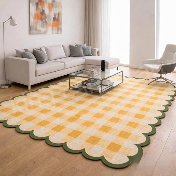 Handmade Yellow Cream Green Checkered Scalloped Rug, Soft Tufted Area Carpet