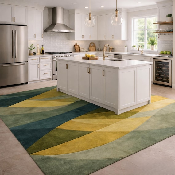 Green Yellow Abstract Geometric Area Rug, Mid Century Modern Statement Rug
