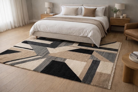 Hand-Tufted Geometric High-Pile Wool Area Rug in Black & Beige - Abstract Modern Fringed Rug for living room