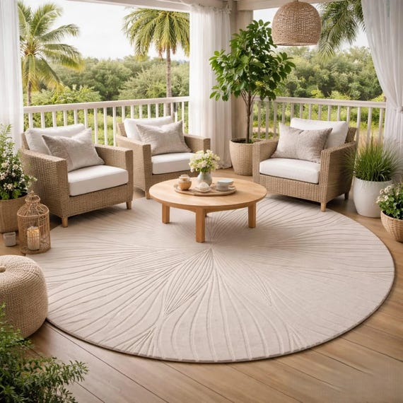 Beige Round Sunburst Rug, Hand Tufted Textured Scandinavian Boho Carpet