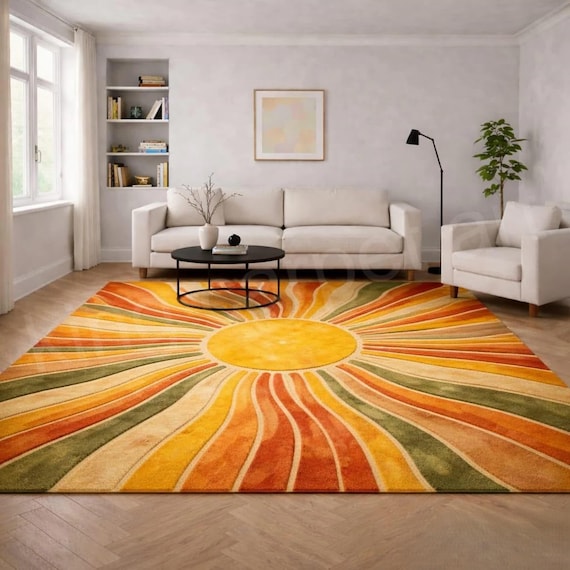Handmade Sunburst Tufted Area Rug – Abstract Orange Yellow Green Living Room Decor
